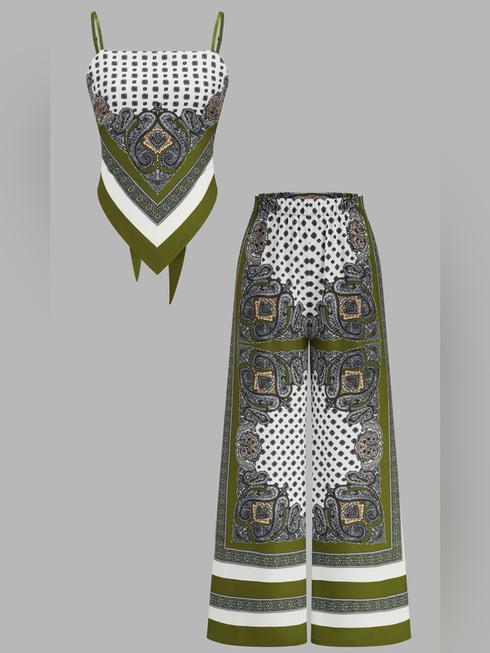 Commense Olive and White Paisley Wide-Leg Pants
